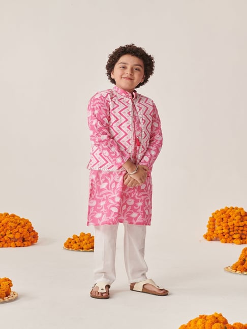 PSPeaches Kids Pink Boys Floral Printed Regular Kurta With Pyjamas
