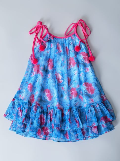 PSPeaches Kids Blue Floral Print Georgette Fit & Flare Dress