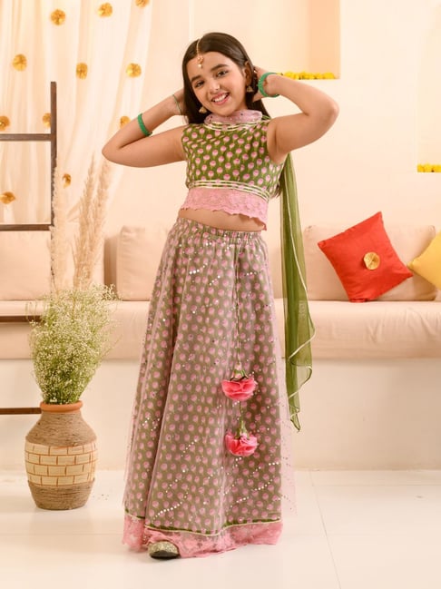PSPeaches Kids Green Printed Ready To Wear Lehenga & Blouse With Dupatta-picture-26