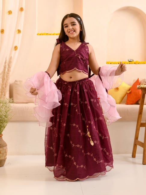 PSPeaches Kids Wine Girl Embellished Thread Work Ready To Wear Lehenga & Blouse With Dupatta-picture-12