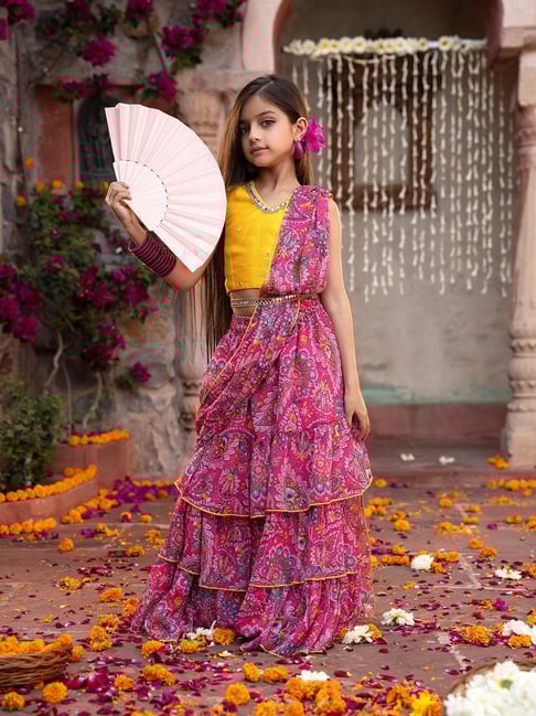 PSPeaches Kids Yellow & Magenta Embellished Ready To Wear Lehenga & Blouse With Dupatta-picture-39