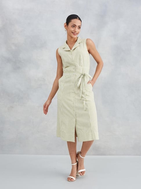 Fabindia White-Green Regular Fit Striped Dress-picture-33
