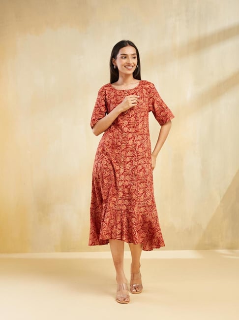 Fabindia Red Regular Fit Printed Dress