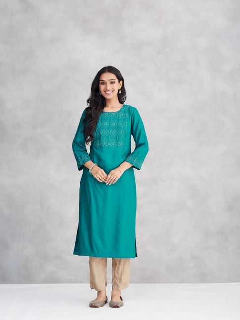 Fabindia Teal Regular Fit Embroidered Kurta-picture-46