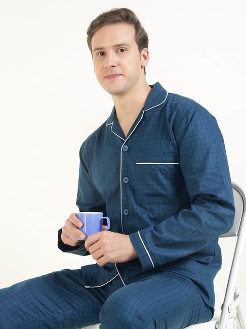 Hancock Blue Cotton Relaxed Fit Checked Night Suit