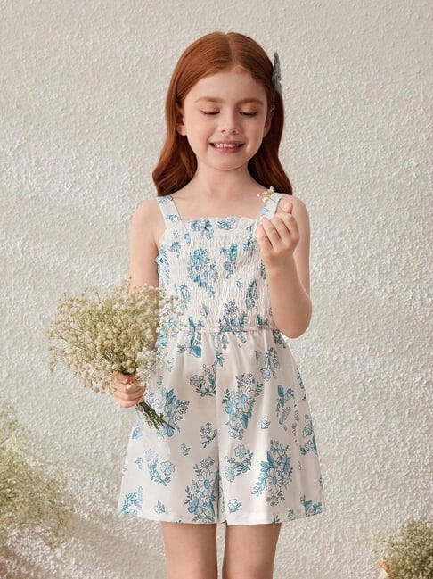 STH Girls White Cotton Printed Playsuit