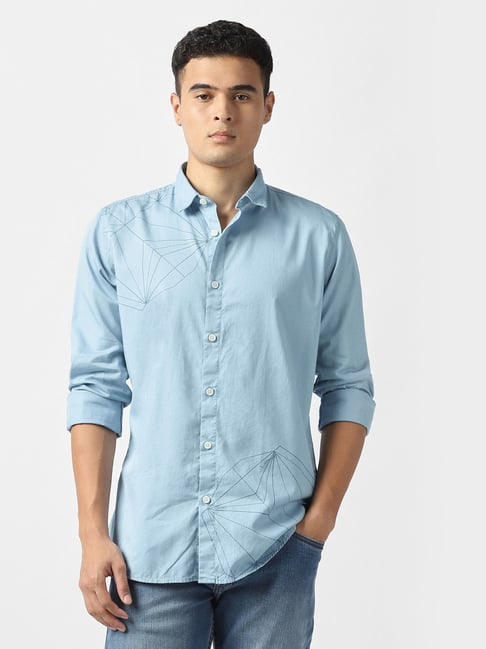 Van Heusen Blue Cotton Slim Fit Printed Shirt