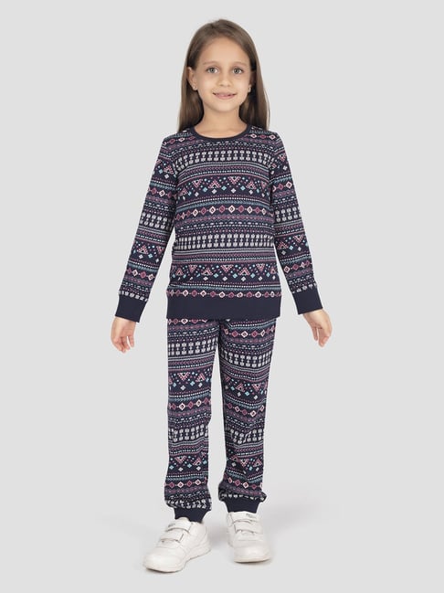 Tresnova Girls Navy Blue Cotton Regular Fit Printed Night Suit