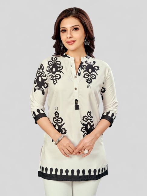 Saree Swarg Off White Polyester Printed A Line Short Kurti