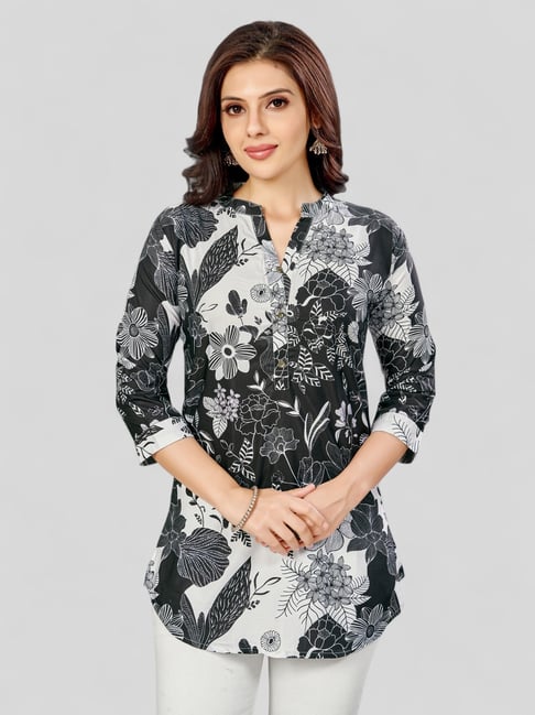 Saree Swarg Black & White Polyester Floral Print A Line Short Kurti-picture-28