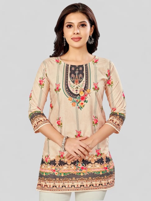 Saree Swarg Beige Polyester Floral Print A Line Short Kurti-picture-41