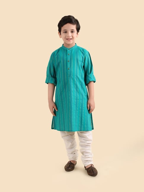 Fabindia Boys Teal Striped Cotton Blend Knee Length Kurta-picture-27