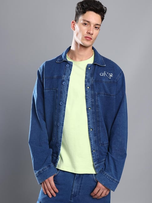 Crocodile Blue Cotton Printed Regular Fit Windcheater Biker Jacket