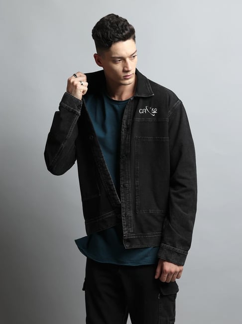 Crocodile Black Cotton Printed Regular Fit Windcheater Biker Jacket
