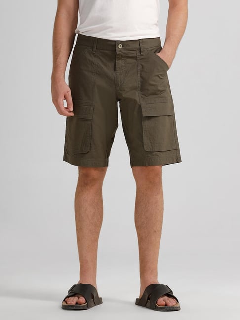 Crocodile Green Cotton Solid Regular Fit Shorts