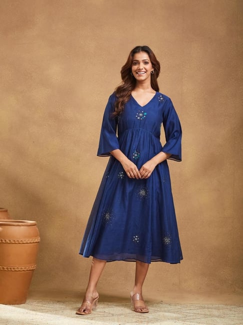 Fabindia Blue Cotton Silk Embroidered Midi Dress
