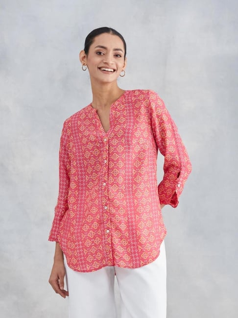Fabindia Pink Printed Mandarin Collar 3/4th Sleeves Shirt-picture-10