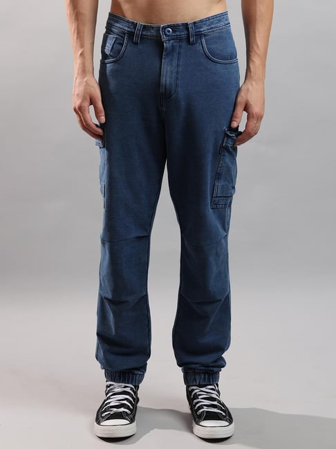 Crocodile Blue Cotton Solid Relaxed Fit Jeans
