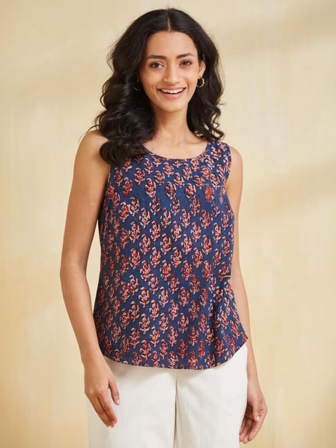 Fabindia Women's Navy Blue Printed Round Neck Sleeveless Top-picture-38