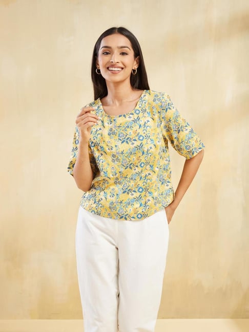 Fabindia Women's Yellow Printed Round Neck Elbow Sleeves Top-picture-23