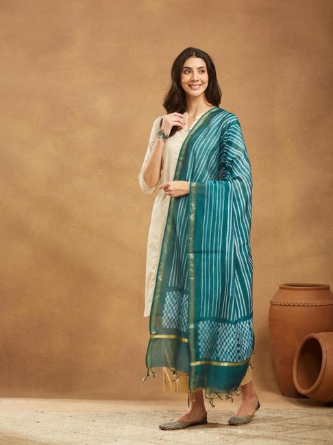 Fabindia Teal Cotton Silk Blend Tie & Dye Dupatta-image-9