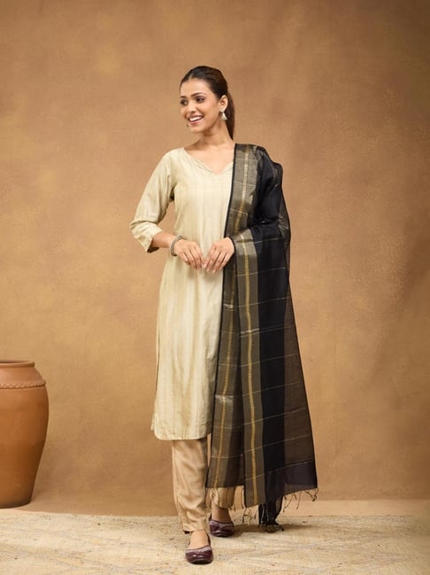 Fabindia Women Black Woven Design Cotton Silk Blend Dupatta-picture-33