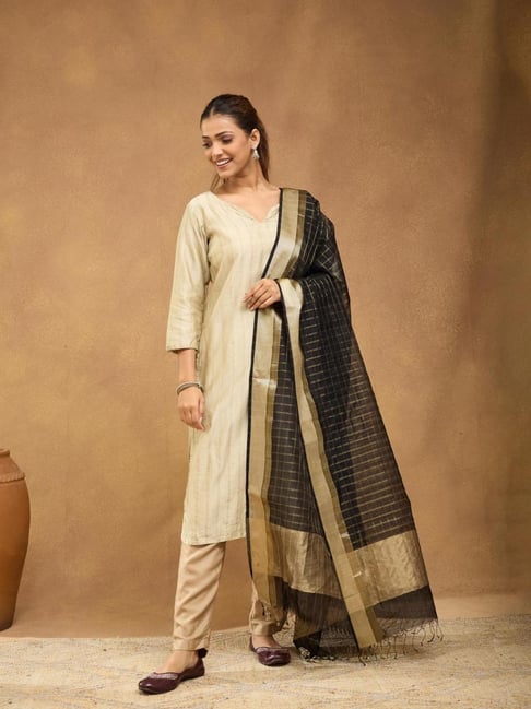 Fabindia Women Black Woven Design Cotton Silk Blend Dupatta-picture-32