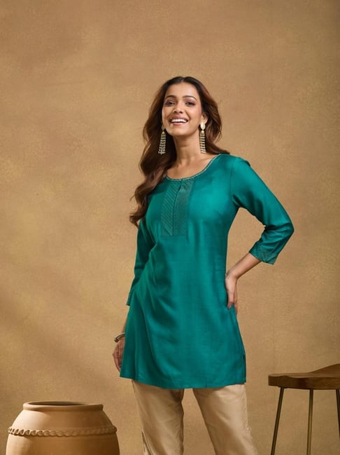 Fabindia Teal Viscose Silk Slim Fit Short Kurta-picture-34