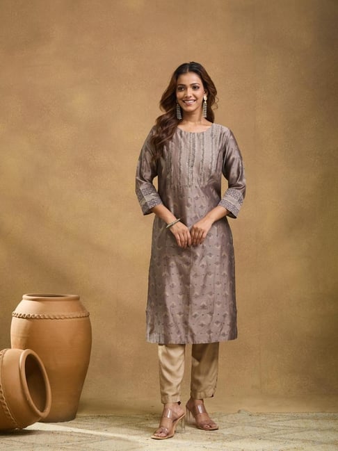 Fabindia Grey Cotton Silk Hand Block Print Long Kurta-picture-35