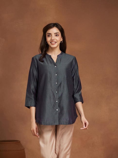 Fabindia Women's Navy Blue Printed Mandarin Collar 3/4th Sleeves Tunic-picture-39