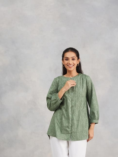 Fabindia Women's Green Textured Keyhole Neck 3/4th Sleeves Tunic-picture-42