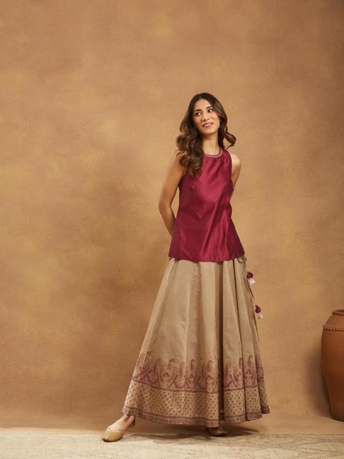 Fabindia Purple Cotton Silk Hand Block Print Slim Fit Skirt Choli Set