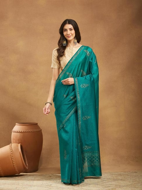 Fabindia Teal Cotton Silk Hand Block Print Saree-picture-30