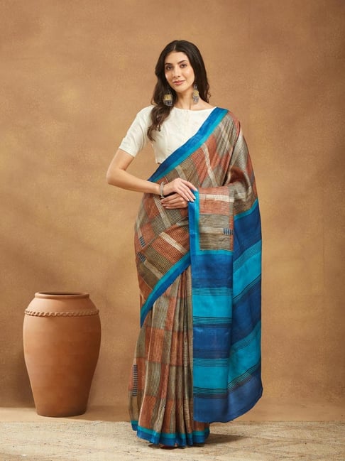 Fabindia Blue Silk Hand Block Print Saree-picture-16