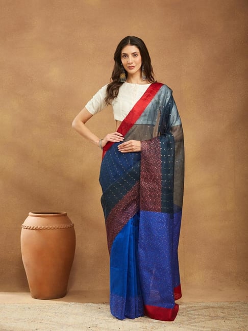 Fabindia Blue Silk Blend Hand Woven Saree-picture-15