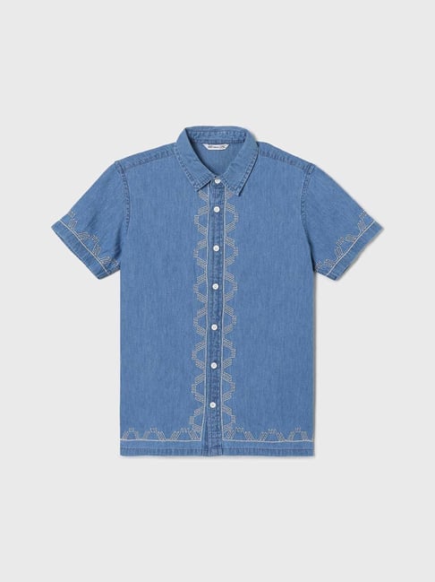 Fame Forever By Lifestyle Mid Blue Cotton Regular Fit Embroidered Shirt-picture-21