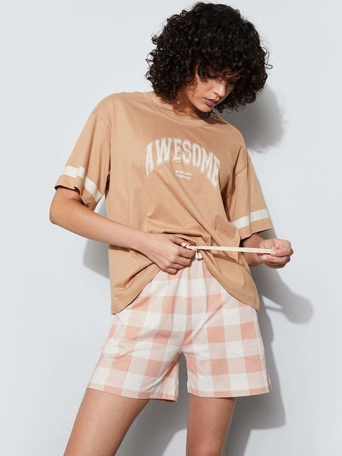 Ginger By Lifestyle Light Brown Cotton Regular Fit Printed Sleepwear T-Shirt-picture-33