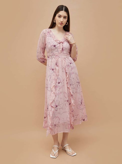 Code By Lifestyle Pink Regular Fit Floral Print Dress-picture-17