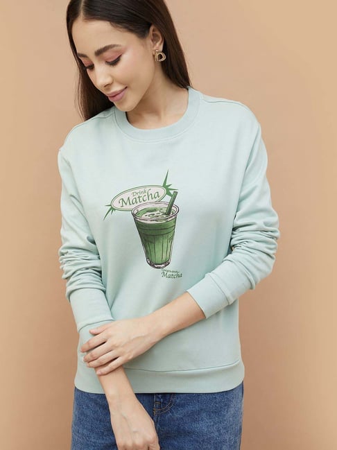 Fame Forever By Lifestyle Green Cotton Regular Fit Printed Sweatshirt