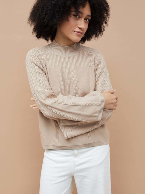 Colour Me By Melange Light Beige Regular Fit Self Pattern Sweater