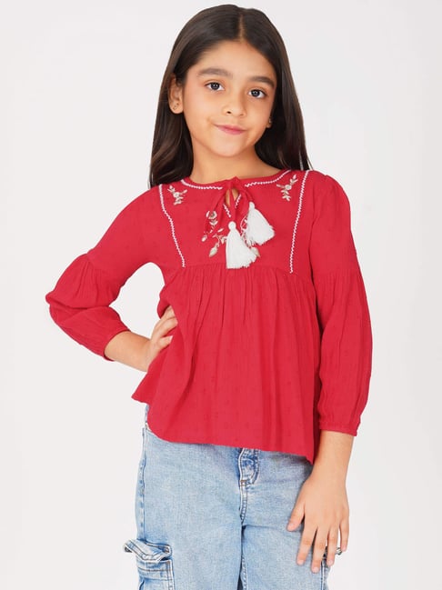 Creative Kid's Girls Red & White Embroidered Top