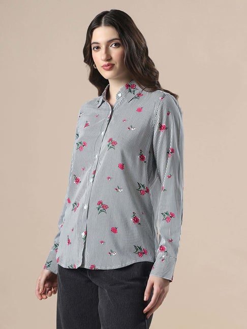 Globus Women Blue Striped Floral Print Spread Collar Cuffed Sleeves Relaxed Fit Workwear Shirt