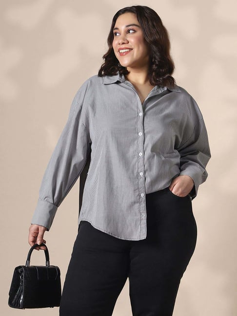 Globus Gloplus Women Black Collared Neck Striped Curved Hemline Oversize Workwear Plus Size Shirt-picture-39
