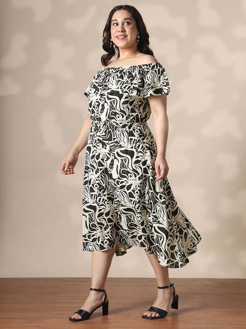 Globus Gloplus Women Black White Abstract Print Off-Shoulder Fit Flare  Plus Size Midi Dress