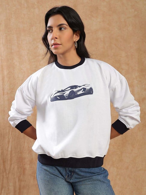 Globus Women Cream Printed Drop Shoulder Round Neck Pullover Sweatshirt (Fleece 260-280 GSM)