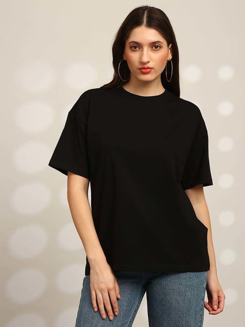 Globus Women Black Back Graphic Print Round Neck Drop Shoulder Sleeves Oversized T-Shirt-picture-13