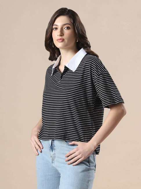 Globus Women White & Black Striped Collared Neck Short Sleeves Boxy Fit T-Shirt