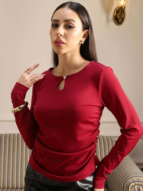Globus Women Maroon Keyhole Neck Long Sleeves Solid Ruched Detail Top-picture-48
