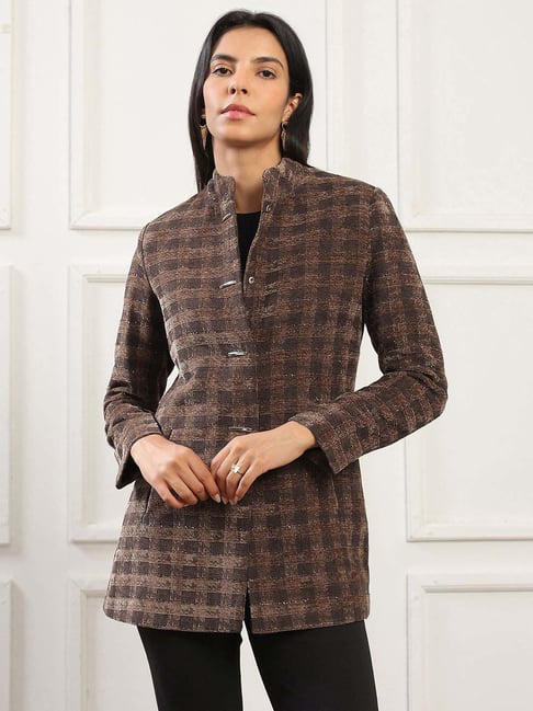 Globus Women Camel Brown Mock Collar Self Checkered 2 Pockets Hip Length Winterwear Overcoat-picture-15