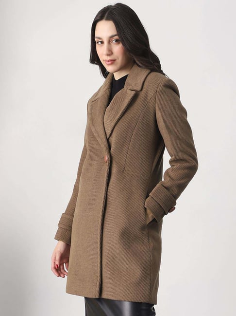 Globus Women Beige Notched Lapel Striped Self Design 2 Pockets Hip Length Winterwear Overcoat-picture-46